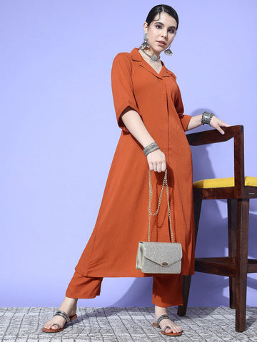Rust Shirt Collar Neck A-Line Kurta Paired With Tonal Bottom